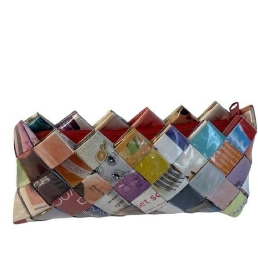 HANDCRAFTED Multicolor Recycled fashion Magazine Paper 7.5 Inch  Clutch